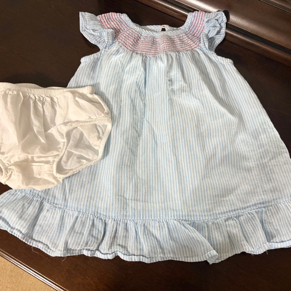 Janie and Jack Light Blue/white and Red Striped Baby girl dress 6-12 mos